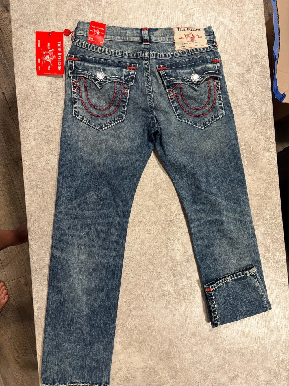 True Religion Men's Blue Denim Jeans with Red Stitch Accents